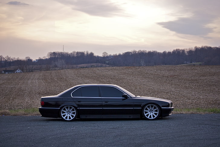 black sedan, Field, BMW, Boomer, 740, Side, E38, Bimmer, car, HD wallpaper