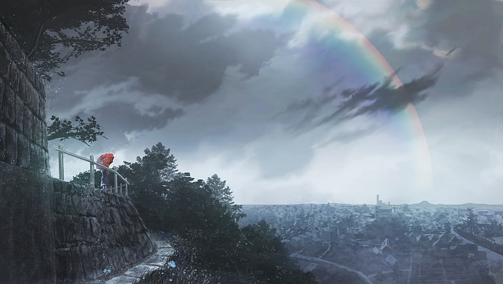 anime landscape, rainbow, raining, cityscape, dark clouds, sky