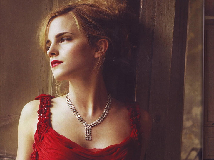 Emma Watson, women, actress, necklace, looking away, red dress