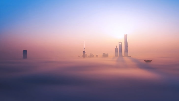 mist, building, Shanghai, fog, sky, sun, architecture, no people