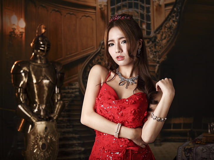 Red dress Asian girl, makeup, crown, jewelry, HD wallpaper