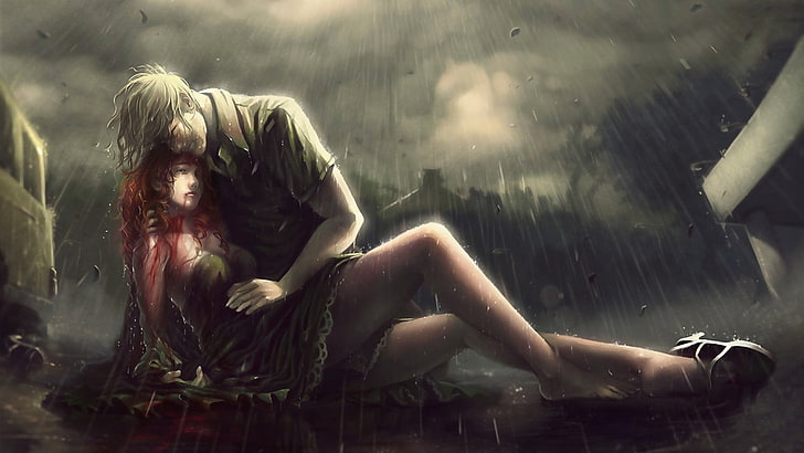 fictional woman lying on man's arm under rain wallpaper, artwork