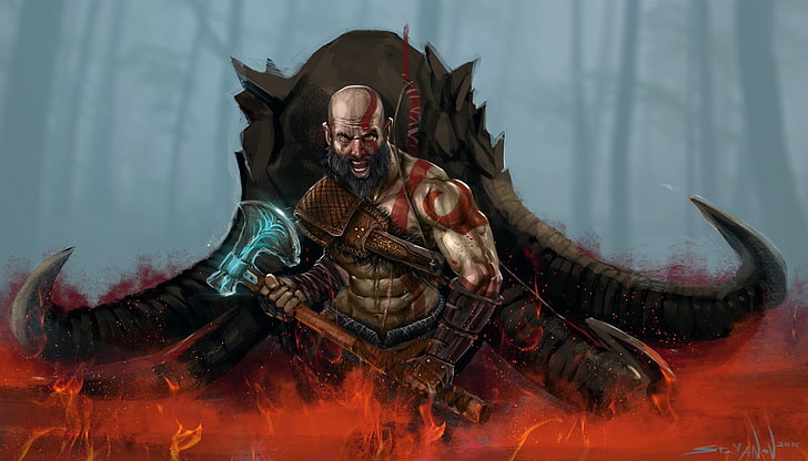 male illustration, video games, Kratos, God of War, God of War (2018), HD wallpaper