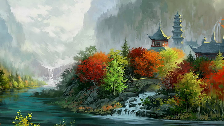 painting of pagoda and trees, river between trees artwork, digital art