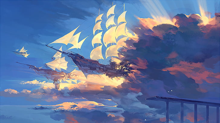 clouds, fantasy art, watercolor, sailing ship, sun rays, sky