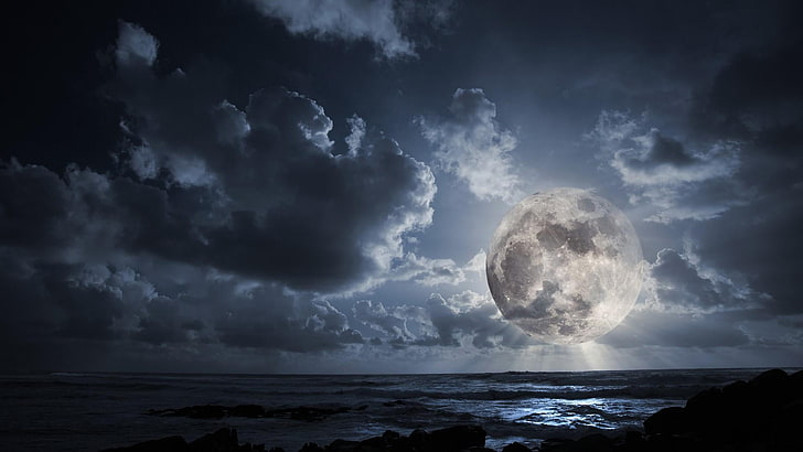 full moon, night sky, horizon, clouds, moonlight, water, sea