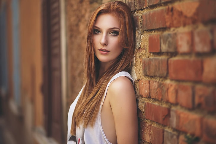 women's white sleeveless top, model, redhead, face, wall, young adult