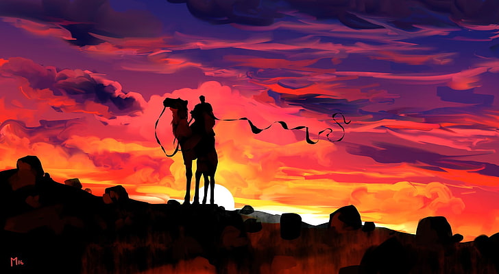 person riding on camel painting, illustration, fantasy art, sunset, HD wallpaper