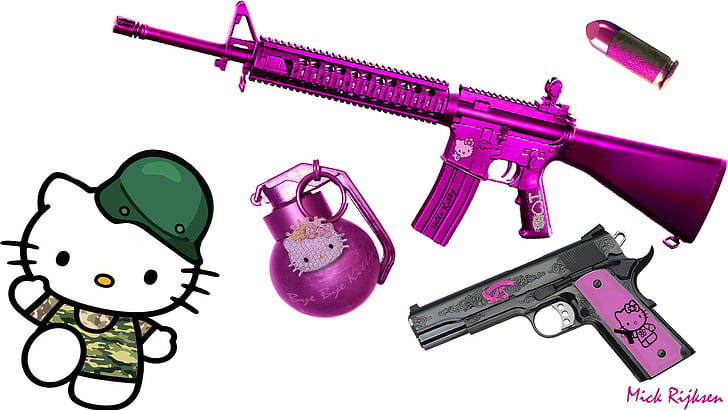 Hello Kitty, ammunition, army, pistol, pink, HD wallpaper