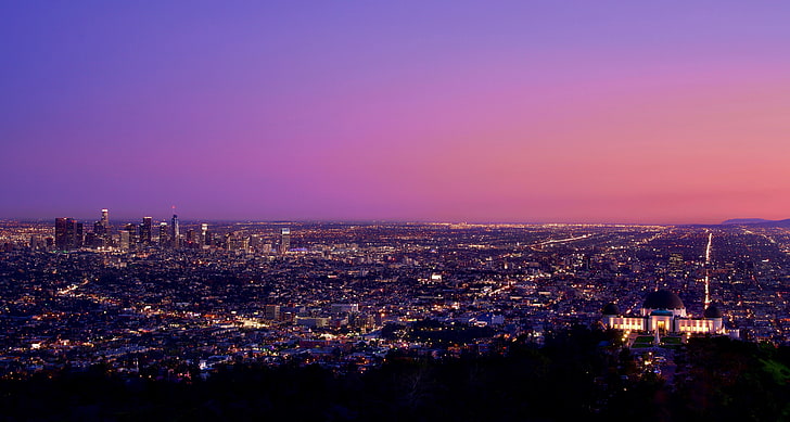 Los Angeles, city, sky, lights, city lights, pink, observatory, HD wallpaper