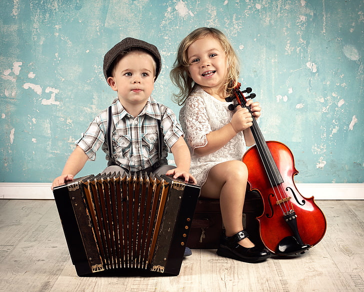 children, music, violin, boy, cello, girl, instrumento, accordion, HD wallpaper