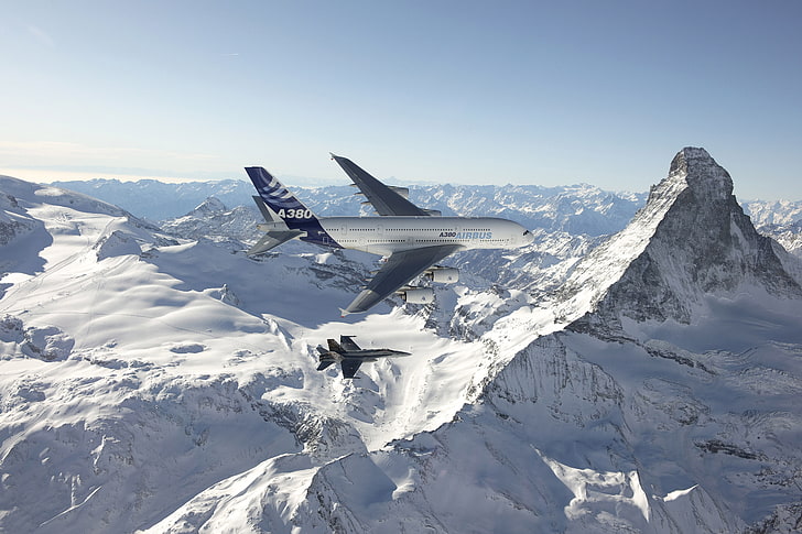 gray and black planes, The sky, Mountains, The plane, Snow, Liner