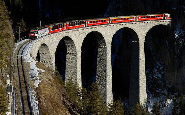 train, railway, bridge, Switzerland, nature, trees, mountains, HD wallpaper
