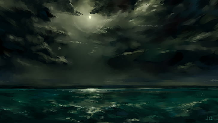 artwork, sea, sky, night, clouds, water, HD wallpaper
