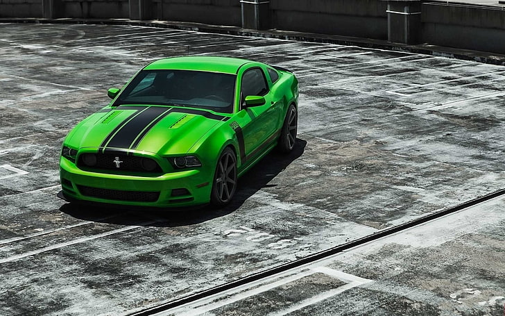 green and black Ford Mustang GT coupe, green cars, concrete, contrast