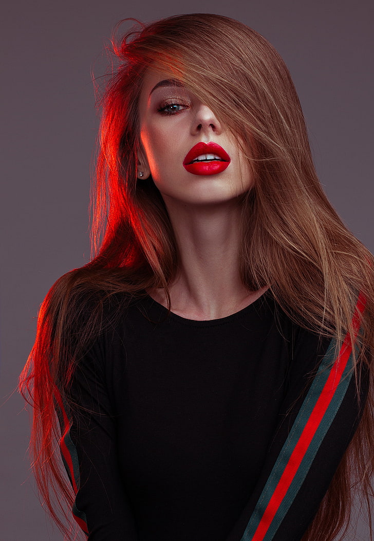 women, model, red lipstick, looking at viewer, hair in face