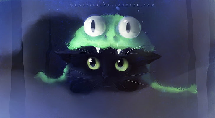 Frog Cat Painting, black kitten illustration, Artistic, Fantasy