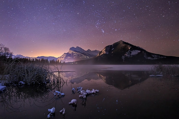 nature, landscape, cold, winter, starry night, frost, lake