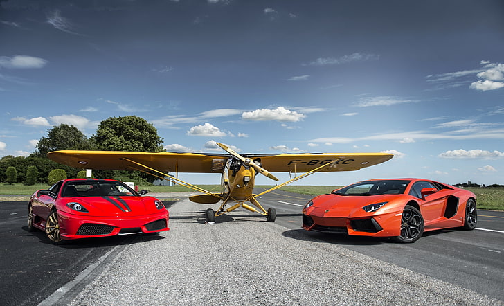 two red Lamborghini Aventador and sports coupe, the sky, clouds, HD wallpaper