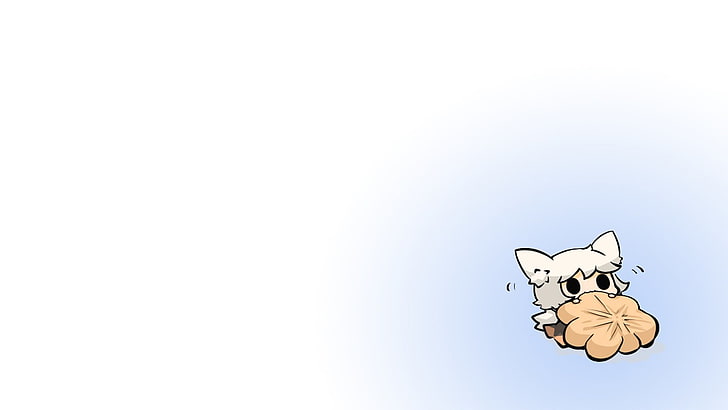 illustration of white cat, chibi, treats, simple background, fantasy art