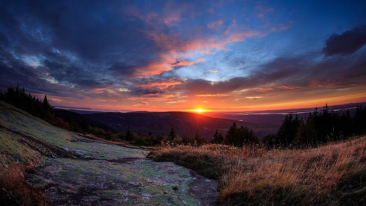 cadillac mountain, sunset, wilderness, afterglow, horizon, acadia national park