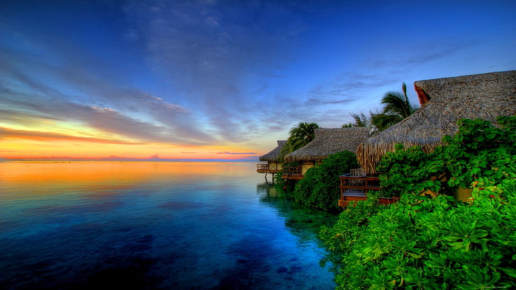 several thatch roof houses, sea, sunset, hut, sky, water, cloud - sky, HD wallpaper