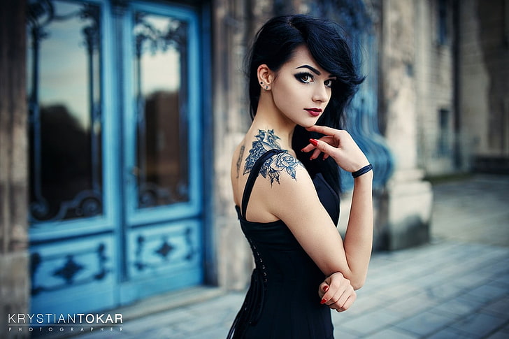 Krystian Tokar, black hair, women, model, long hair, dress, HD wallpaper