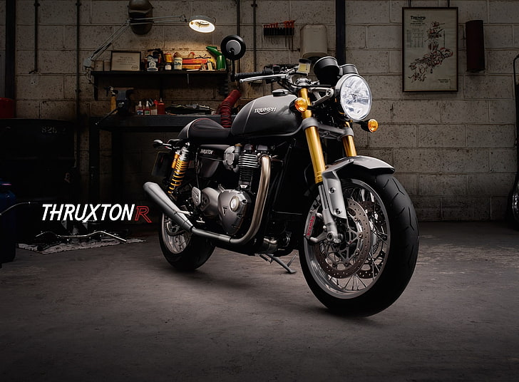 Triumph Thruxton R, black cruiser motorcycle, Motorcycles, mode of transportation