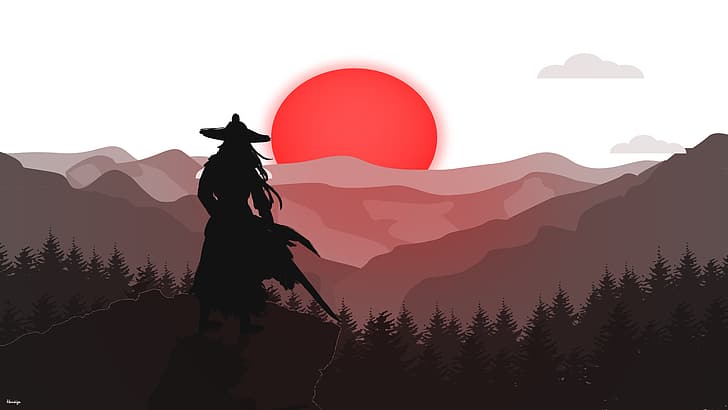 samurai, red moon, trees, Japanese Art, war, katana, digital art, HD wallpaper