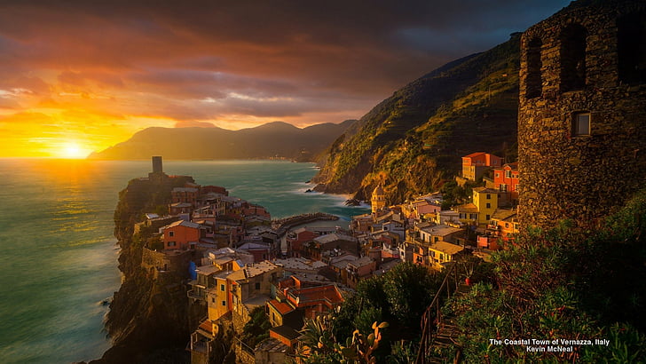 Photography, HDR, House, Italy, Mountain, Ocean, Sunset, Vernazza, HD wallpaper