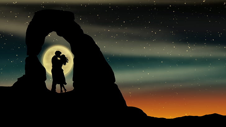 HD wallpaper: Artistic, Love, Couple, Full Moon, Silhouette, Stars ...