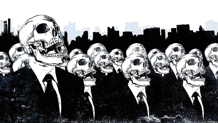 skeletons wearing suit jacket illustration, skull, Alex Cherry
