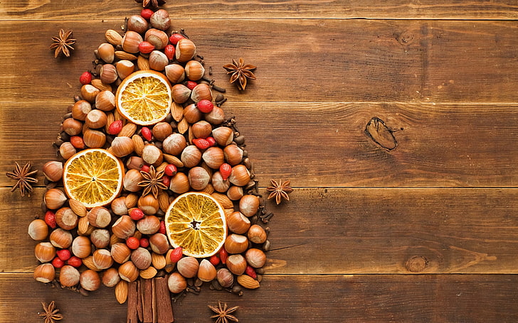 assorted seeds, Christmas, New Year, wooden surface, nuts, orange (fruit), HD wallpaper