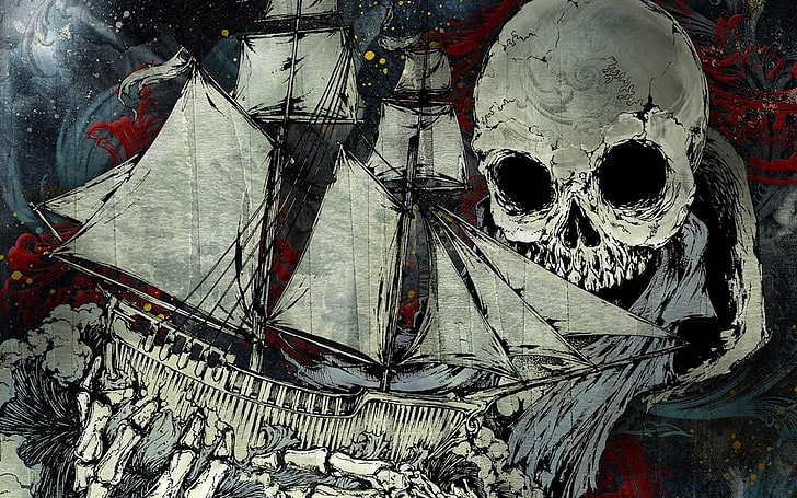 gray skeleton holding sailboat painting, drawing, skull, paint splatter