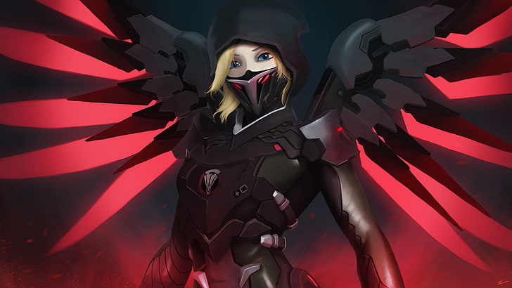 red and black anime character, Mercy (Overwatch), Blackwatch, HD wallpaper