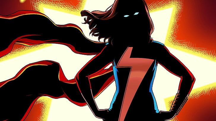 ms marvel, red, illuminated, indoors, one person, neon, back lit