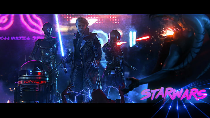 Star Wars movie scene with text overlay, cyberpunk, OutRun, night