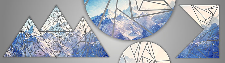 blue and white stained glass mountain wall decor, mountains, shapes, HD wallpaper