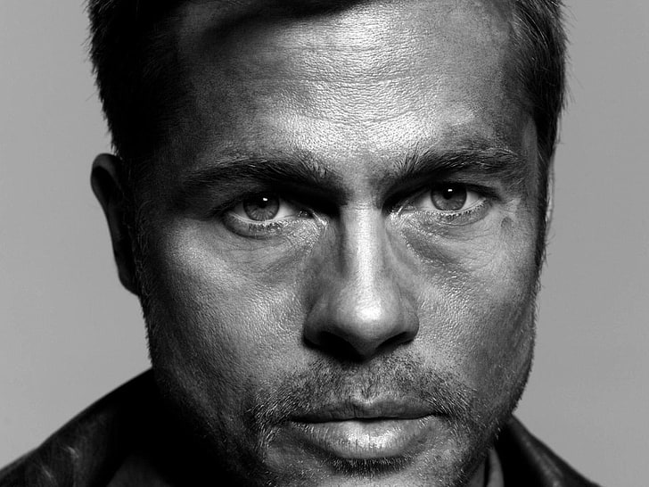 Brad Pitt, actor, men, monochrome, portrait, one person, headshot, HD wallpaper