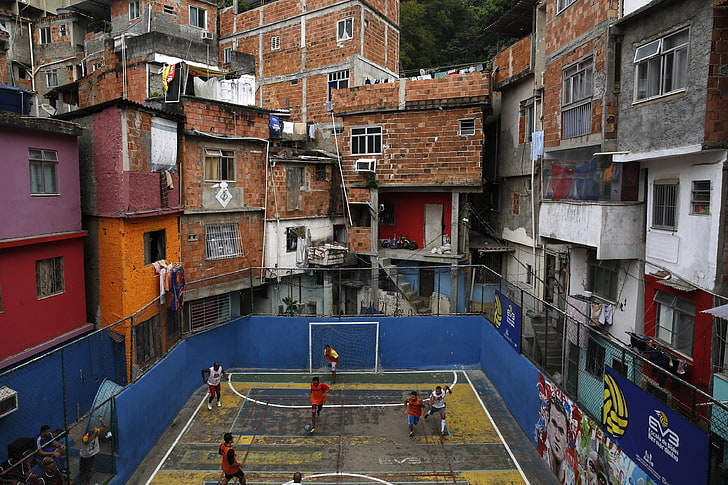 brown and gray wooden cabinet, city, street, soccer, favela, building exterior