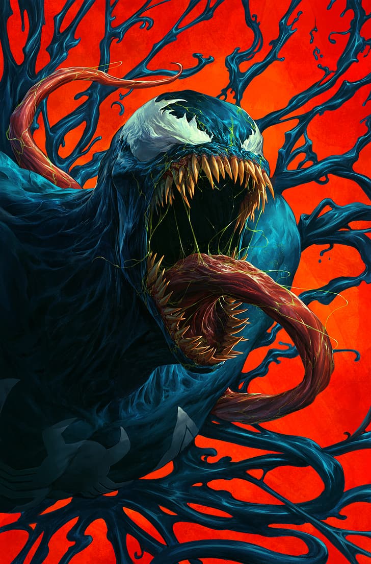 Venom, tentacles, tongue out, orange background, Symbiote, eddie brock, HD wallpaper