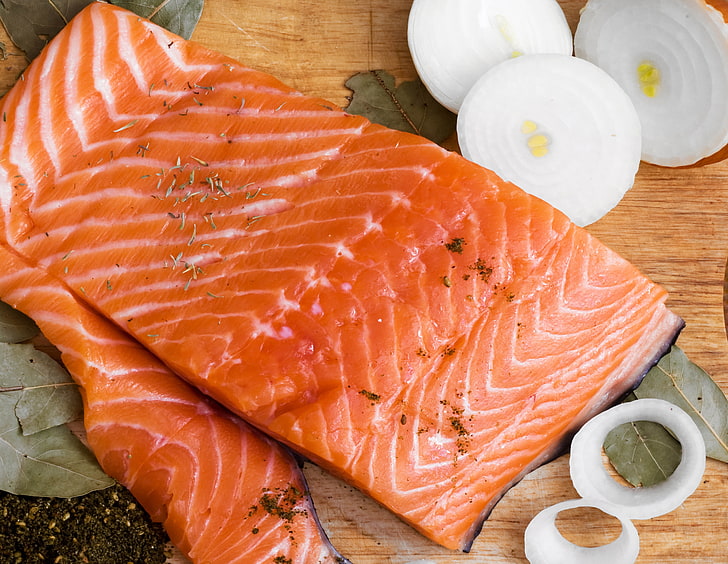 salmon and onions, fish, meat, cutting, seasoning, board, food