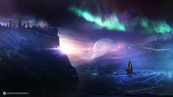 Desktopography, creative pictures, planet, ship, northern lights, water, green norwegian lights and brown sailboat animation, HD wallpaper