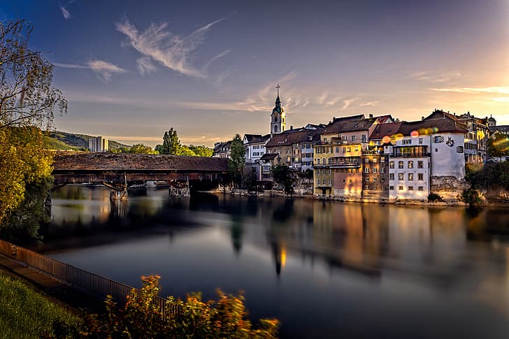 bridge, river, building, home, Switzerland, Aare River, Olten, HD wallpaper