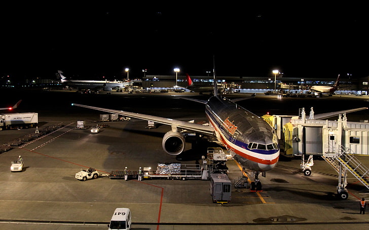 Boeing 777, aircraft, airport, night, transport, transportation, HD wallpaper