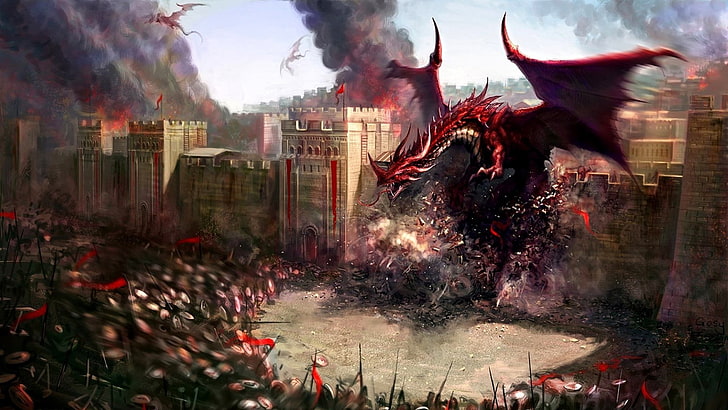 red dragon illustration, fantasy art, celebration, city, architecture, HD wallpaper