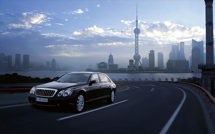 black Mercedes-Benz W211 sedan, machine, city, widescreen, road