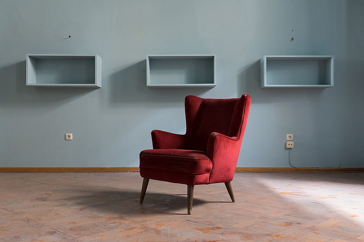 red suede wing chair, room, interior, abandoned, indoors, seat
