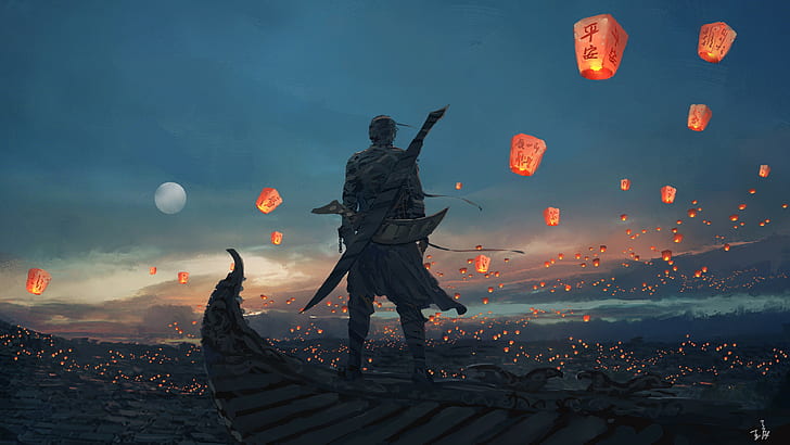 sky, sky lanterns, Moon, samurai, looking into the distance