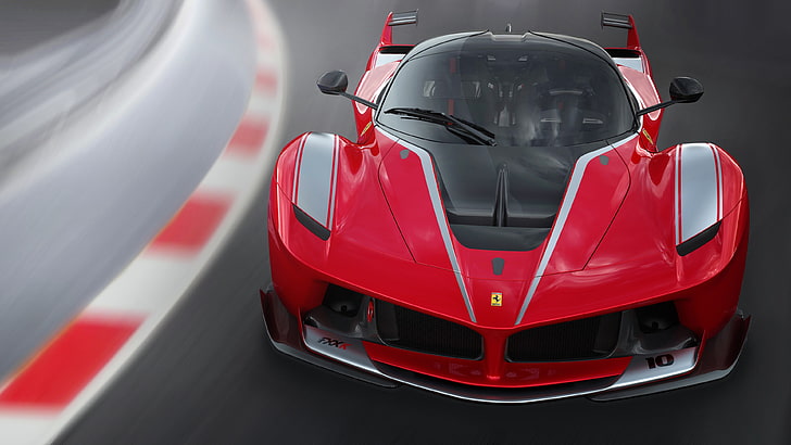 red Ferrari coupe, Ferrari FXXK, car, race tracks, motion blur